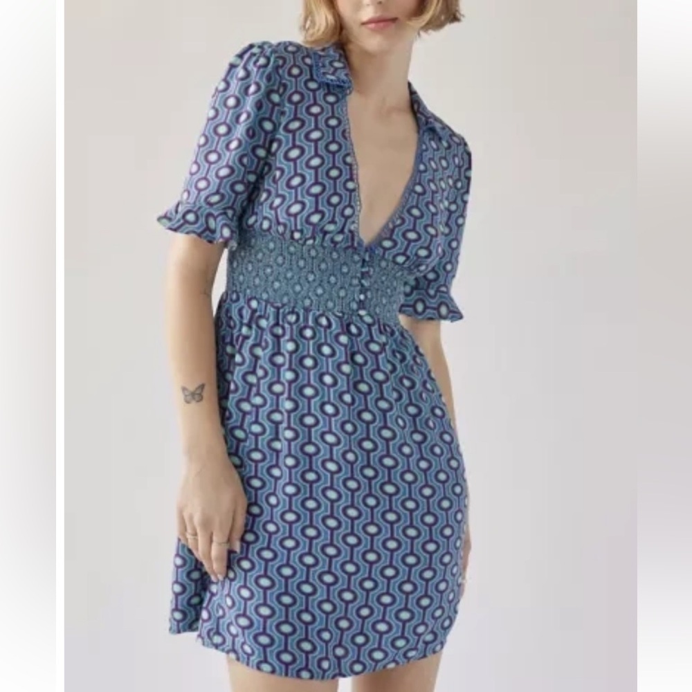 Urban Outfitters Geometric Print Dress Teal Purple Ruched Wait Size Large